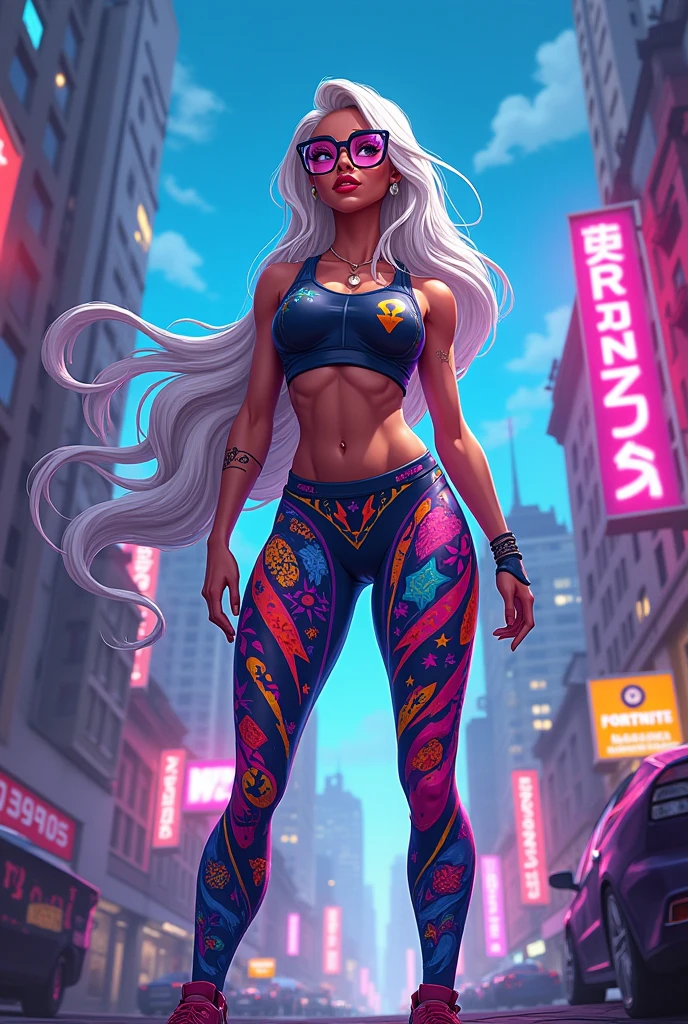 fortnite glasses sexy girl legging pants  white hair full body
