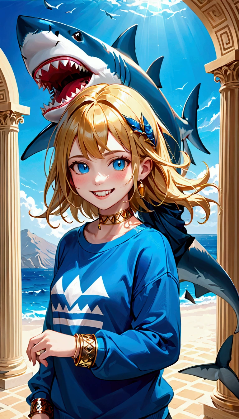 (work of art, best qualityer), details Intricate,, 1 girl, the mouth, multicolored hair, blue colored eyes, shark hair ornament, golden hair ornament, gold choker, gold bracelet, sharped teeth, ssmile, blue sweatshirt,, greek clothing, peplos,