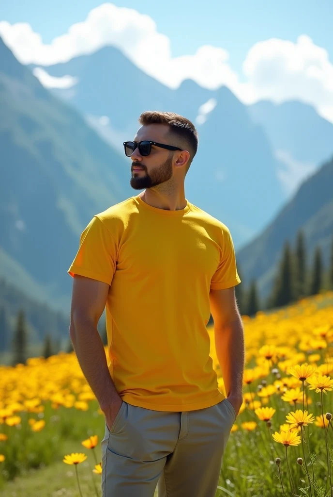 Handsome man crew cut hair, wearing sunglasses and cap, yellow shirt and jeans, standing on a hill, yellow cosmos, mountains on the background, blue sky in the morning