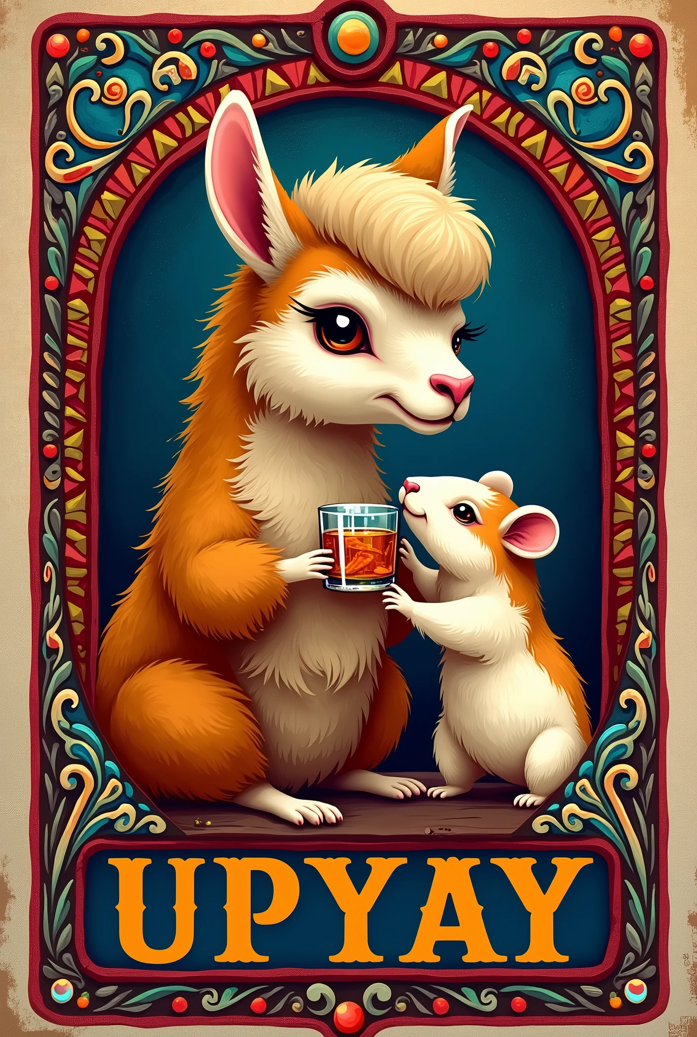 Create a logo for a bar. Inspired by a Peruvian vicuña drinking and offering whiskey with a Peruvian guinea pig. It includes Inca designs from the Peruvian highlands and is extravagant and youthful.. Includes the Upyay name of the bar. Make it the same as the reference image but in a circular shape.