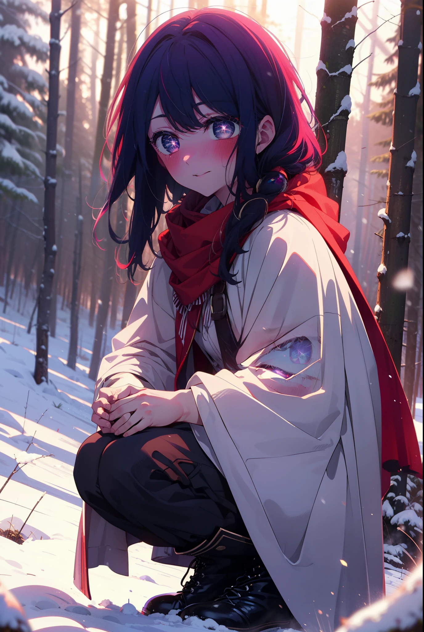 aihoshino, Ai Hoshino, Long Hair, bangs, (Purple eyes:1.1), Purple Hair, (Symbol-shaped pupil:1.5), smile,,smile,blush,white breath,
Open your mouth,snow,Ground bonfire, Outdoor, boots, snowing, From the side, wood, suitcase, Cape, Blurred, , forest, White handbag, nature,  Squat, Mouth closed, Cape, winter, Written boundary depth, Black shoes, red Cape break looking at viewer, Upper Body, whole body, break Outdoor, forest, nature, break (masterpiece:1.2), Highest quality, High resolution, unity 8k wallpaper, (shape:0.8), (Beautiful and beautiful eyes:1.6), Highly detailed face, Perfect lighting, Highly detailed CG, (Perfect hands, Perfect Anatomy),