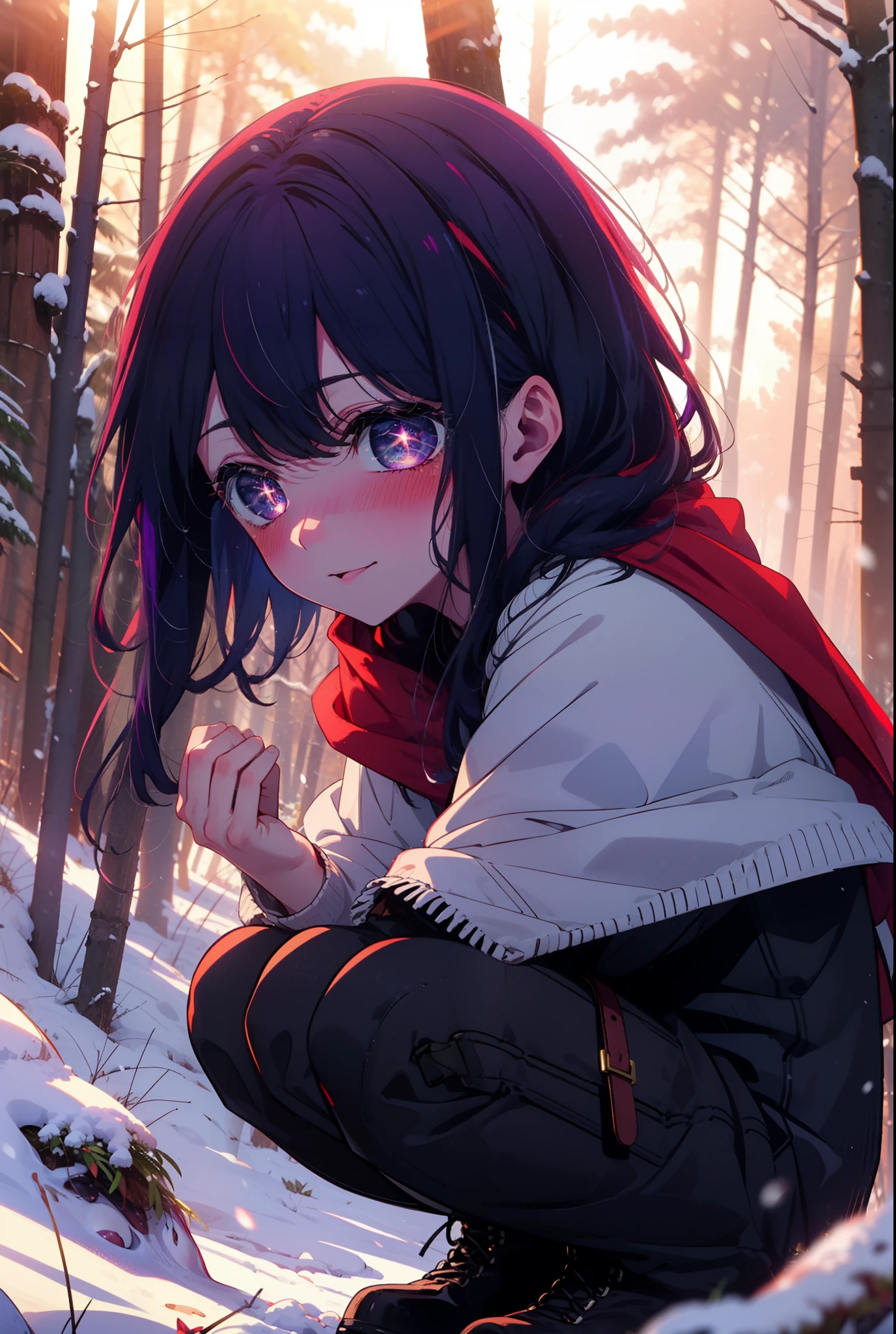 aihoshino, Ai Hoshino, Long Hair, bangs, (Purple eyes:1.1), Purple Hair, (Symbol-shaped pupil:1.5), smile,,smile,blush,white breath,
Open your mouth,snow,Ground bonfire, Outdoor, boots, snowing, From the side, wood, suitcase, Cape, Blurred, , forest, White handbag, nature,  Squat, Mouth closed, Cape, winter, Written boundary depth, Black shoes, red Cape break looking at viewer, Upper Body, whole body, break Outdoor, forest, nature, break (masterpiece:1.2), Highest quality, High resolution, unity 8k wallpaper, (shape:0.8), (Beautiful and beautiful eyes:1.6), Highly detailed face, Perfect lighting, Highly detailed CG, (Perfect hands, Perfect Anatomy),
