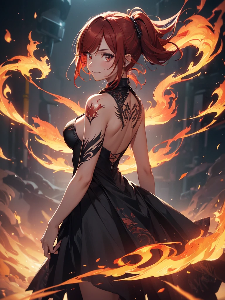 (((best quality, sharp image, clear image, cinematic lighting, 8k resolution, masterpiece, ultra detailed, intricate))) Girl, (((looking over left shoulder))), (shot from behind), ((shot from hip up)), fiery red hair, pigtails, ((intricate black dress)), ((flaming sigils, flaming runes)), spiky rock formations, (flaming lotus flowers frame), (intricate background), (chaotic background), (busy background), ((Phoenix)), (swirling flames), smiling,tatoo on back