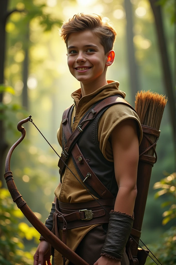 A young apprentice archer. Thin, slender, and smiling. Charming with a seductive gaze. His clothes fit snugly with his bow