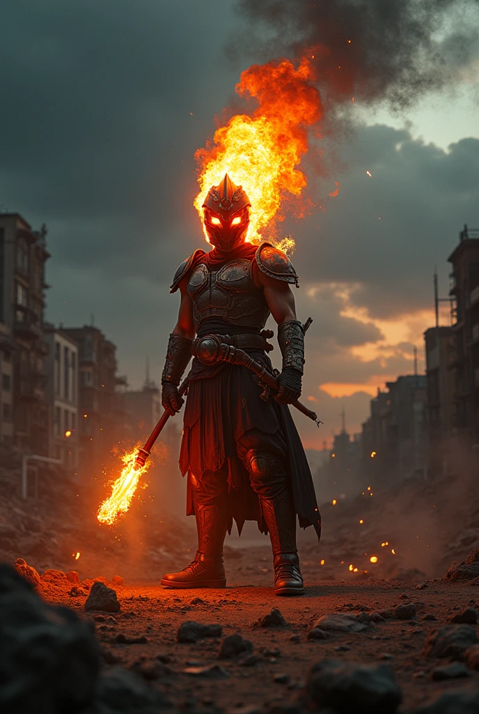 A person with a burning helmet and a burning stick as well