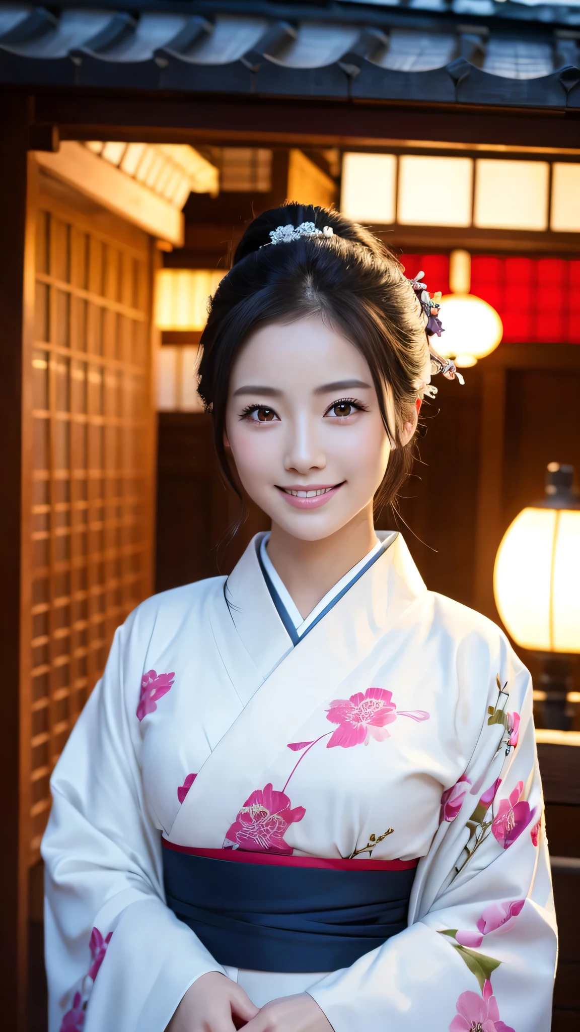 (Super beautiful woman in kimono)、((highest quality、8K masterpiece:1.3))、sharp focus:1.2、(super beautiful face:1.0)、(shiny skin:1.0)、realistic pictures、black hair、video lighting、High resolution eyes and face、video lighting、japanese actress、from the front、with a happy smile、whole body、wearing a kimono、in Kyoto、(luxury obi)、with a fan、Fireworks Display