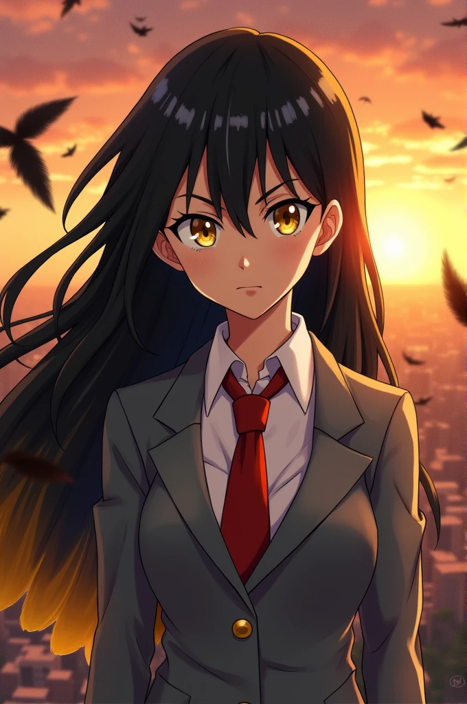 My Hero Academia Capture,girl with long black hair, the back of her hair is yellow,yellow eyes with light brown pupils,gray blaze,white shirt and a red tie, who is with hawks