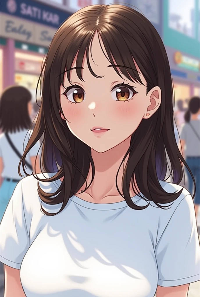 masterpiece, Highest quality, One Girl, (A beauty girl, Delicate girl:1.3), (25age:1.3), Very fine grain definition, (Symmetrical eyes:1.3), (Shopping Street), (y fashion, one piece:1.3), Small breasts, Brown eyes, Parted bangs, Black Hair, , (Eye and facial details:1.0), (Face close-up, Zoom in on face, Face Focus:0.1)