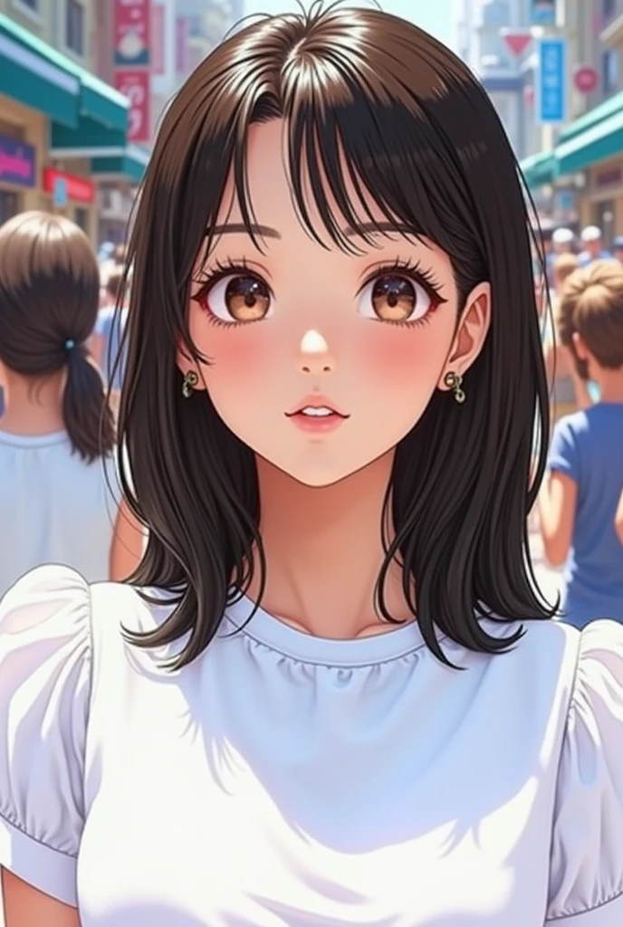 masterpiece, Highest quality, One Girl, (A beauty girl, Delicate girl:1.3), (２５age:1.3), Very fine grain definition, (Symmetrical eyes:1.3), (Shopping Street), (y fashion, one piece:1.3), Small breasts, Brown eyes, Parted bangs, Black Hair, , (Eye and facial details:1.0), (Face close-up, Zoom in on face, Face Focus:0.1)
