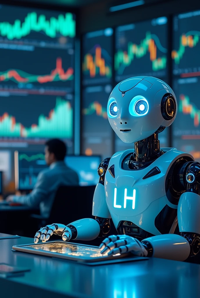Futuristic robot operating the stock market, with LH letters on the chest, and with several monitors around him, with stock market graphics. The robot sitting at a table operating the stock market.
The robot typing. Robot facing forward with blue eyes. Friendly-faced robot. Lower the robot's eyes. Robot with a more mature appearance.
