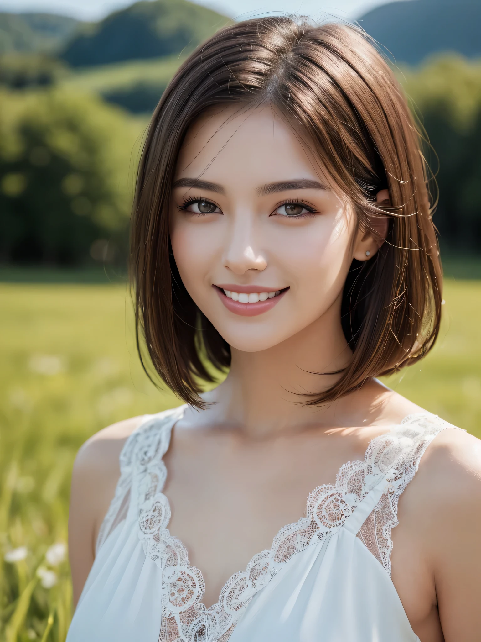 1Women, unique faces, (beautiful women, blonde hair), (smile:1.2), (beautiful lace costumes), (Best Quality:1.4), Realistic, extremely detailed CG unified 8k wallpaper, highly detailed, High-definition raw color photos, professional photography, Realistic portrait, Close up portrait of Women, Outdoors, Beautiful scenery, grassland, nature, vastness, elegance, Beautiful detailed, upper body photos, (Fine face:1.2),