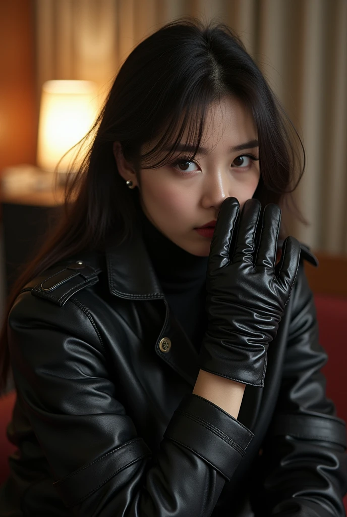 1990's Amateur, 1 Woman, Work Alone, Superb, Masterpiece, Korean Female Actress, Beautiful, 50, Ultra Realistic Black Realistic Leather double Trench Long coat and 8K Ultra Realistic Black Realistic Leather Elbow Gloves, 5-Finger Handjob with Love Juice and nsfw, Leg Spreading, Masturbation, Bullet Vibrator: 3. 5. covered in cum, Nipples Cum: 1.3, cum string, woman ejaculating: 5.0, office black realistic leather double trench long coat wearing erotic nsfw, ultra realistic black realistic leather double trench long coat: 5.0, cum dripping: 5.0, ultra realistic 5 fingers black realistic leather glove blowjob, ultra realistic 5 fingers black realistic leather glove oral, ultra realistic 5 fingers Black Real Leather Glove Licking_Female Penis:3.5,Vascular Female Penis:3.5, Photo:5.0.