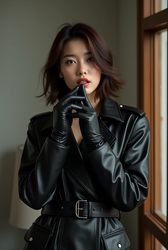 1990's Amateur, 1 Woman, Work Alone, Superb, Masterpiece, Korean Female Actress, Beautiful, 50, Ultra Realistic Black Realistic Leather double Trench Long coat and 8K Ultra Realistic Black Realistic Leather Elbow Gloves, 5-Finger Handjob with Love Juice and nsfw, Leg Spreading, Masturbation, Bullet Vibrator: 3. 5. covered in cum, Nipples Cum: 1.3, cum string, woman ejaculating: 5.0, office black realistic leather double trench long coat wearing erotic nsfw, ultra realistic black realistic leather double trench long coat: 5.0, cum dripping: 5.0, ultra realistic 5 fingers black realistic leather glove blowjob, ultra realistic 5 fingers black realistic leather glove oral, ultra realistic 5 fingers Black Real Leather Glove Licking_Female Penis:3.5,Vascular Female Penis:3.5, Photo:5.0.