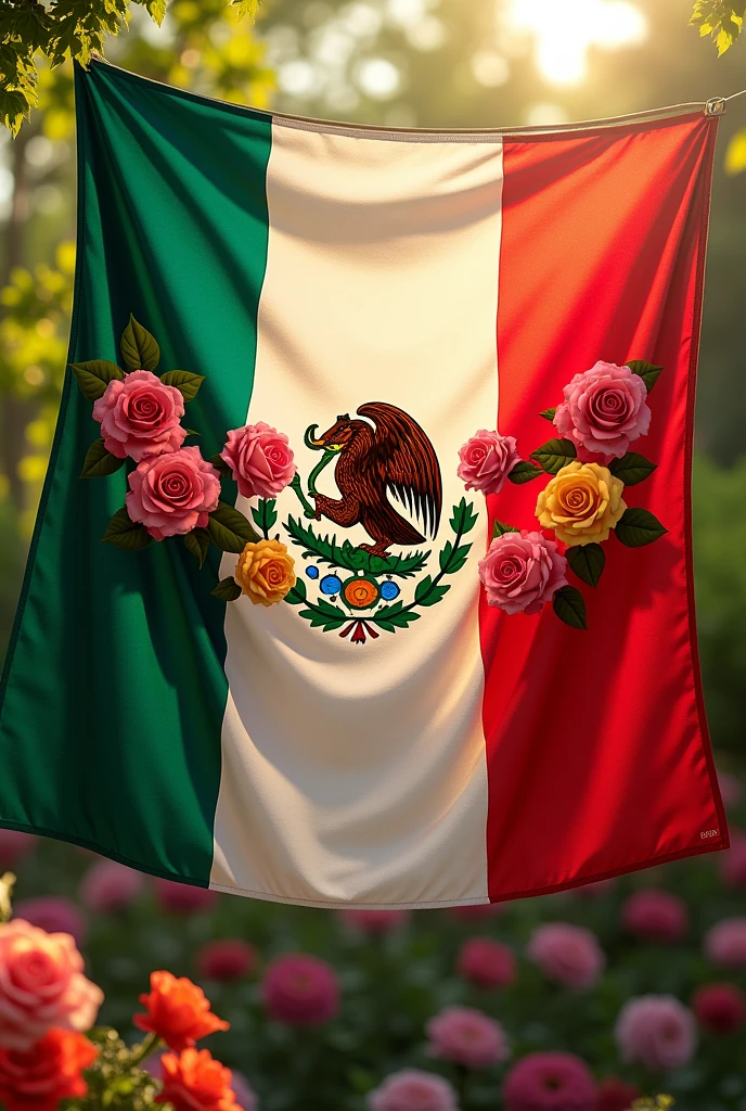 Mexican flag with colorful roses 