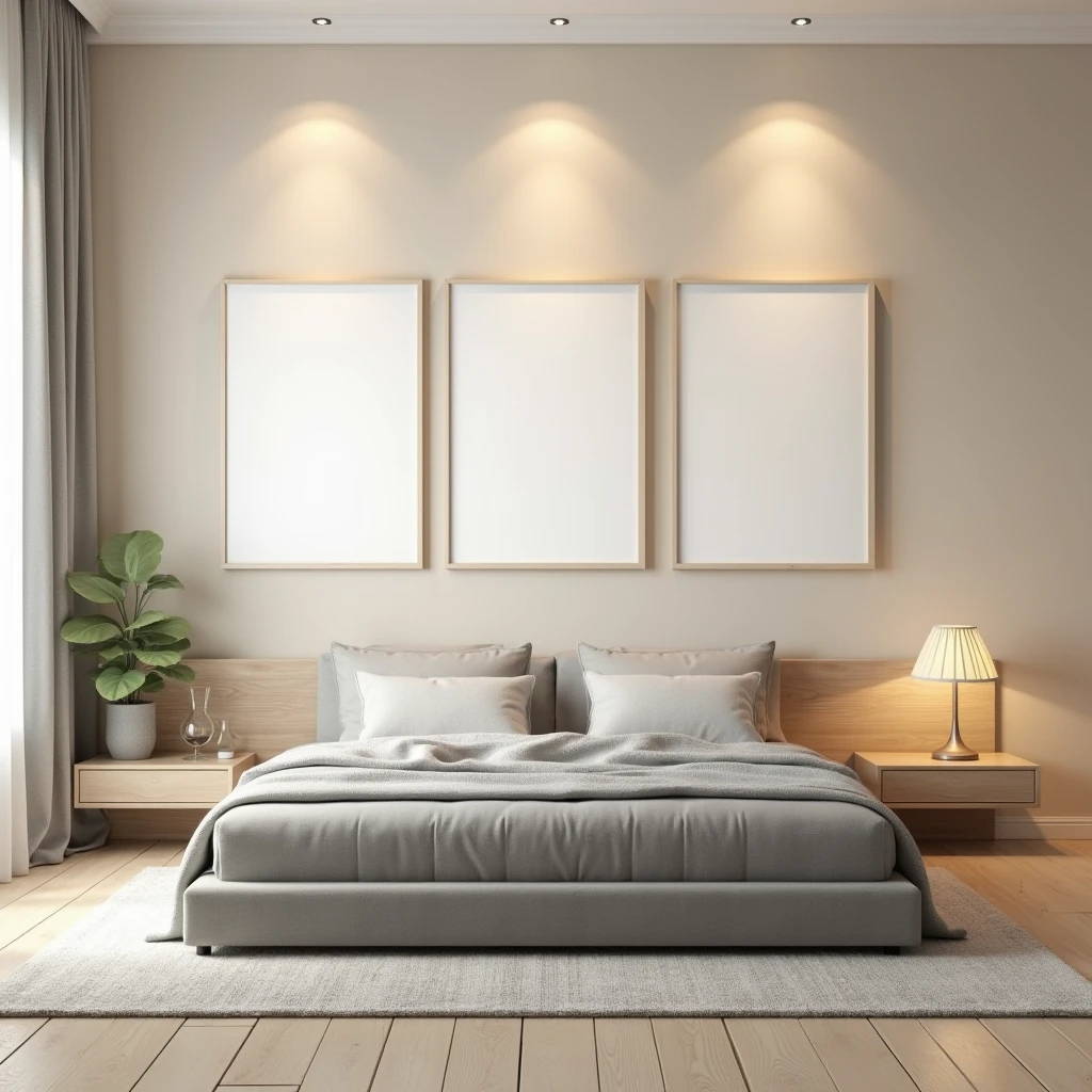 A minimalist bedroom scene featuring a sleek, gray upholstered bed with a light wooden headboard. Above the headboard, three framed blank white canvases in A4 aspect ratio are evenly spaced on a soft beige wall. The wall is softly illuminated by subtle, gentle spotlights, casting a delicate glow. A light-colored wooden floor and a neutral-toned rug complete the cozy and serene atmosphere of the room