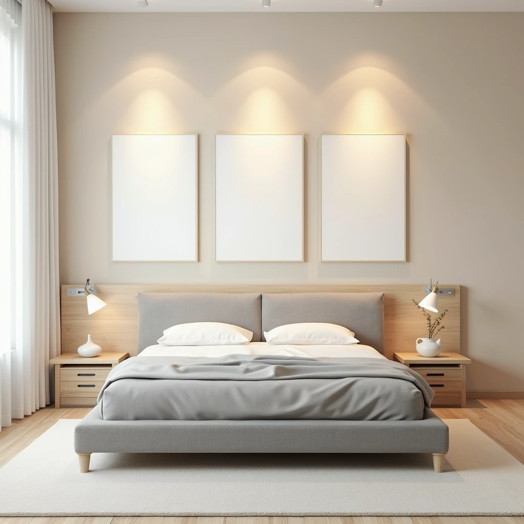 A minimalist bedroom scene featuring a sleek, gray upholstered bed with a light wooden headboard. Above the headboard, three framed blank white canvases in A4 aspect ratio are evenly spaced on a soft beige wall. The wall is softly illuminated by subtle, gentle spotlights, casting a delicate glow. A light-colored wooden floor and a neutral-toned rug complete the cozy and serene atmosphere of the room