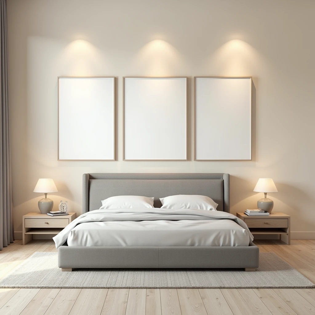 A minimalist bedroom scene featuring a sleek, gray upholstered bed with a light wooden headboard. Above the headboard, three framed blank white canvases in A4 aspect ratio are evenly spaced on a soft beige wall. The wall is softly illuminated by subtle, gentle spotlights, casting a delicate glow. A light-colored wooden floor and a neutral-toned rug complete the cozy and serene atmosphere of the room