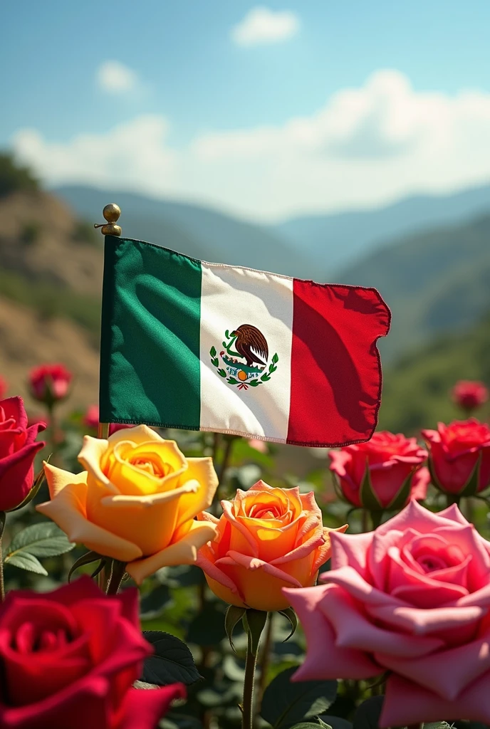 Mexican flag with colorful roses