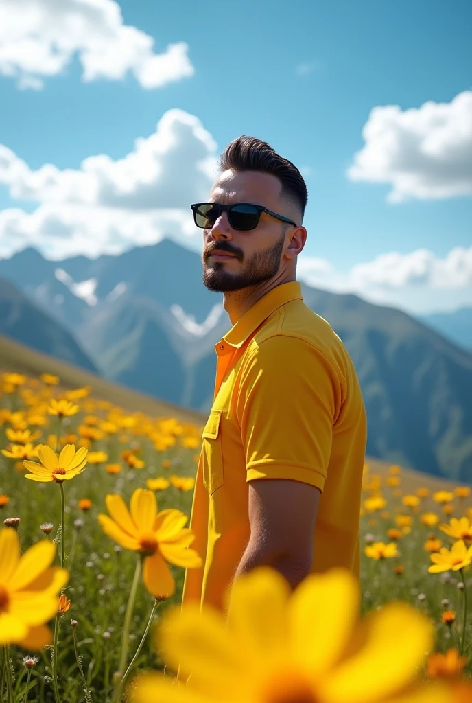Handsome man crew cut hair, wearing sunglasses , yellow shirt and jeans, standing on a hill, yellow cosmos, mountains on the background, blue sky in the morning