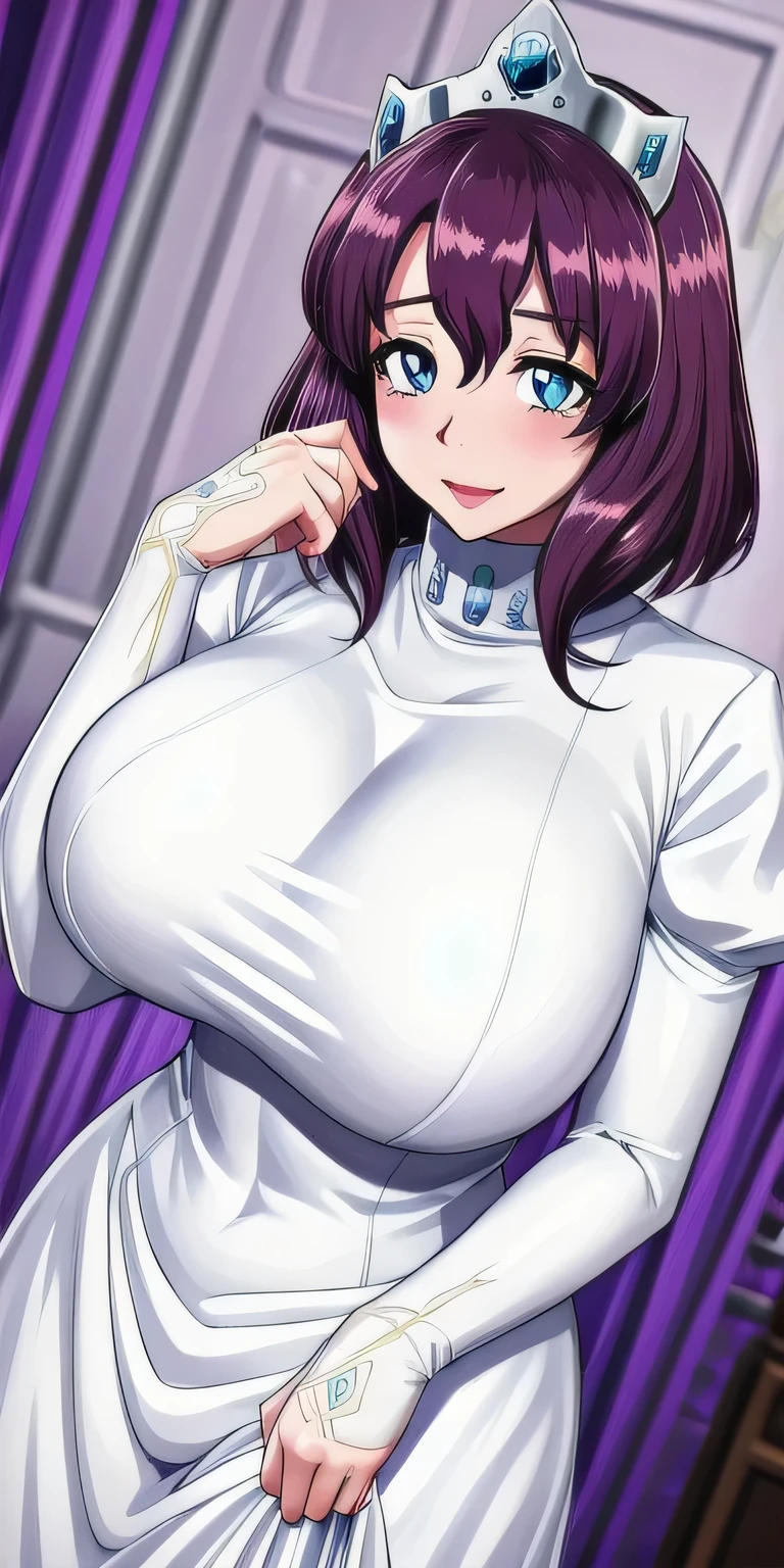 henrietta_de_tristain, huge_breasts, standing, solo, White_turtleneck_dress_White_thighhighs_White_garter_straps_Tiara, masterpiece, best quality, detailed face, detailed eyes, highres,