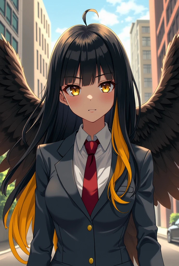 My Hero Academia Capture,girl with long black hair, the back of her hair is yellow,yellow eyes with light brown pupils,gray blaze,white shirt and a red tie, who is with hawks
