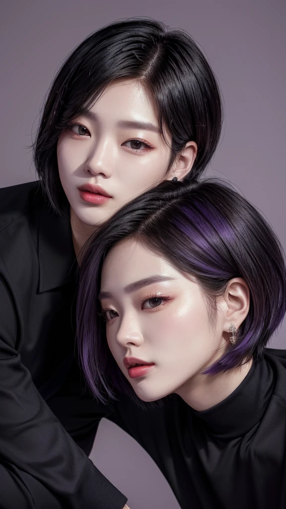 a close up of two people,male short hair, bold masculine and sassy and sexy female 👅 👅, wearing black outfits, jimin\'s plump lips, ulzzang, they are enemy lovers, kanliu666, couple pose, jia, sun yunjoo, jinyoung shin, profile pic, taejune kim, nixeu and sakimichan, & jeehyung lee & wlop, jaeyeon nam they are rivals, make them look bold, background lavender purple