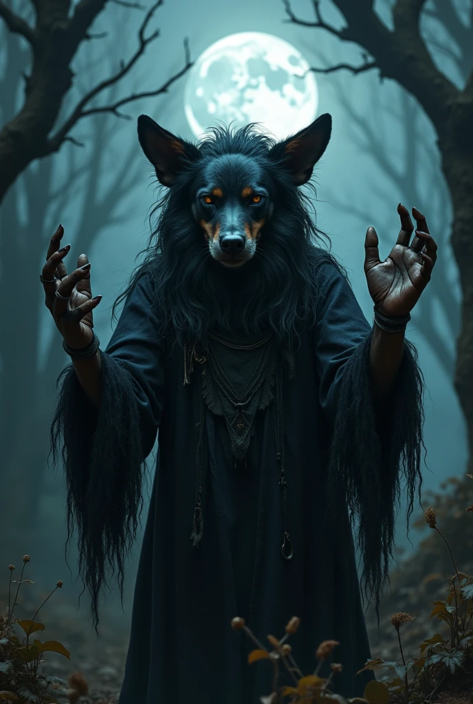 Generate a horror image where a dog transforms into a witch