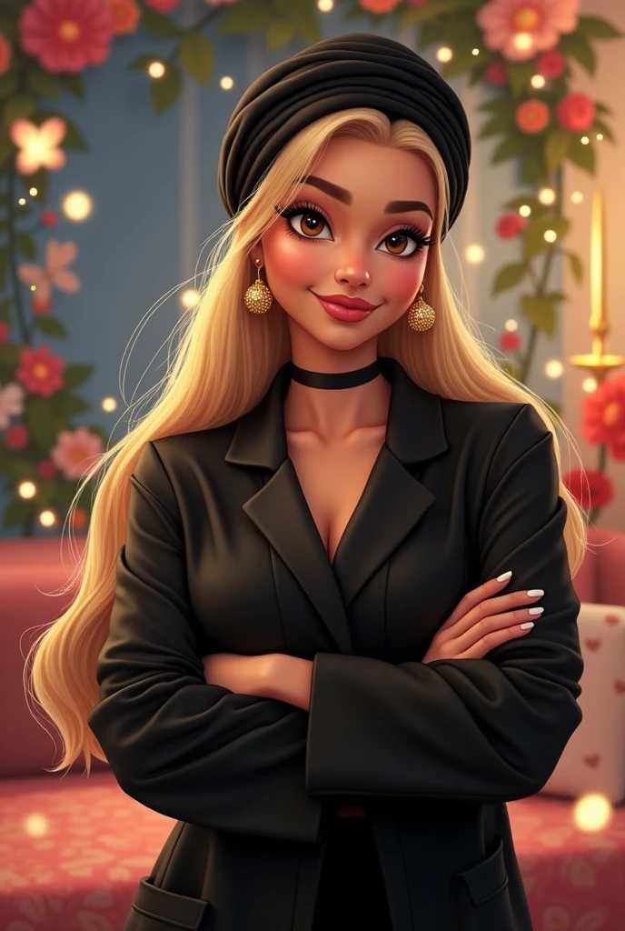 An aesthetics professional who wears a black lab coat and gold earrings and wears a black turban head scarf, extremely straight blonde hair, mature, curvy woman, com rosto redondo, to do in Disney style drawing. Crossed arms