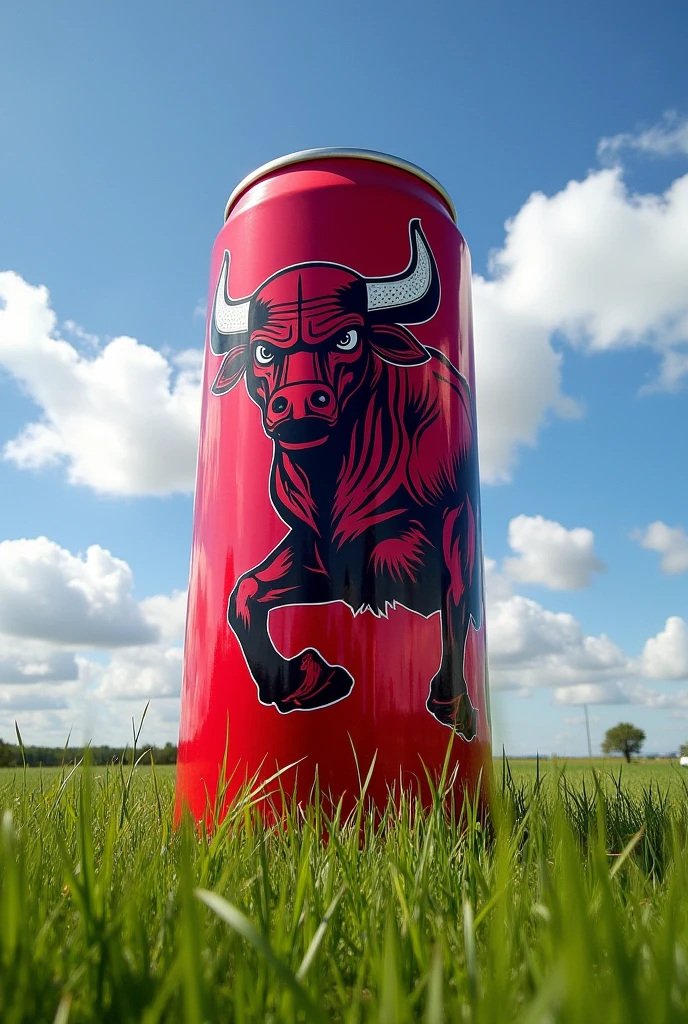 A big red bull can
