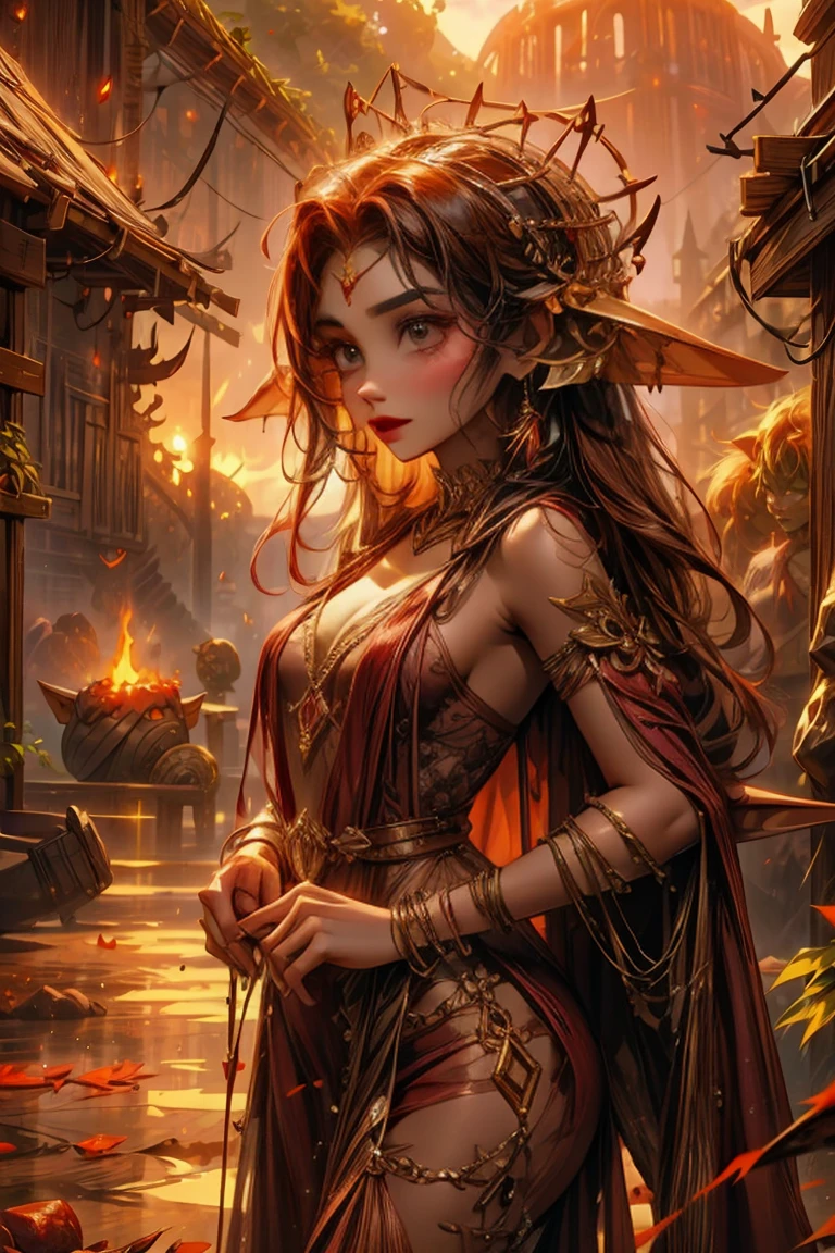 (((red skin, goblin monster girl))), red goblin warlock, lava molten desolated rocky background