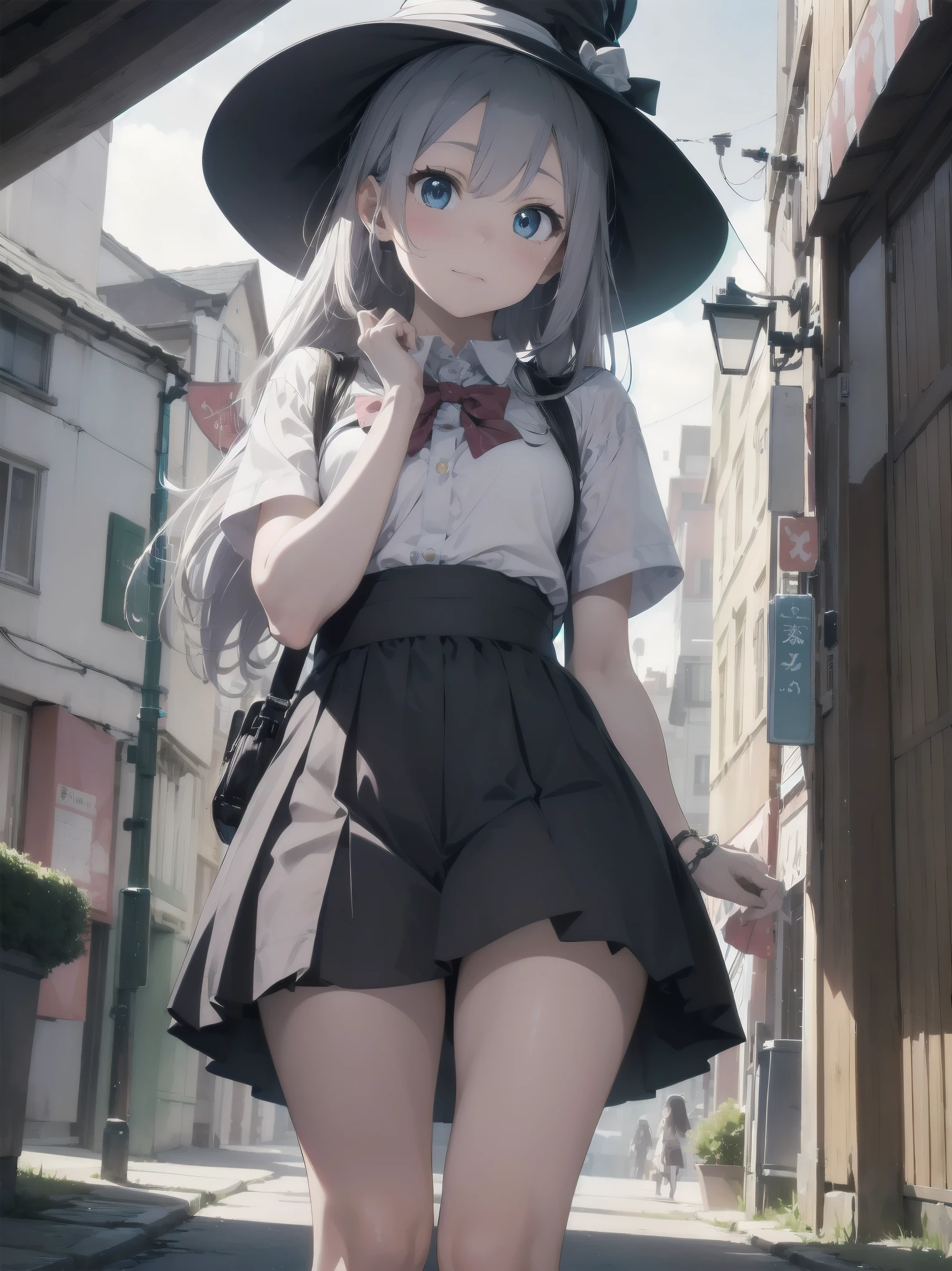 🎶, (🧙♀️), ✡, ✨(black hat), , Alice in Wonderland, Alone, very beautiful, cute, adorable, embarrassed, alone, blue eyes, white skin、look at viewer、looking up,kawaiitech, pastel colors, kawaii, cute colors,Alice in Wonderland, alone, very beautiful, cute, adorable, embarrassed, alone, blue eyes, white skin,skirtlift