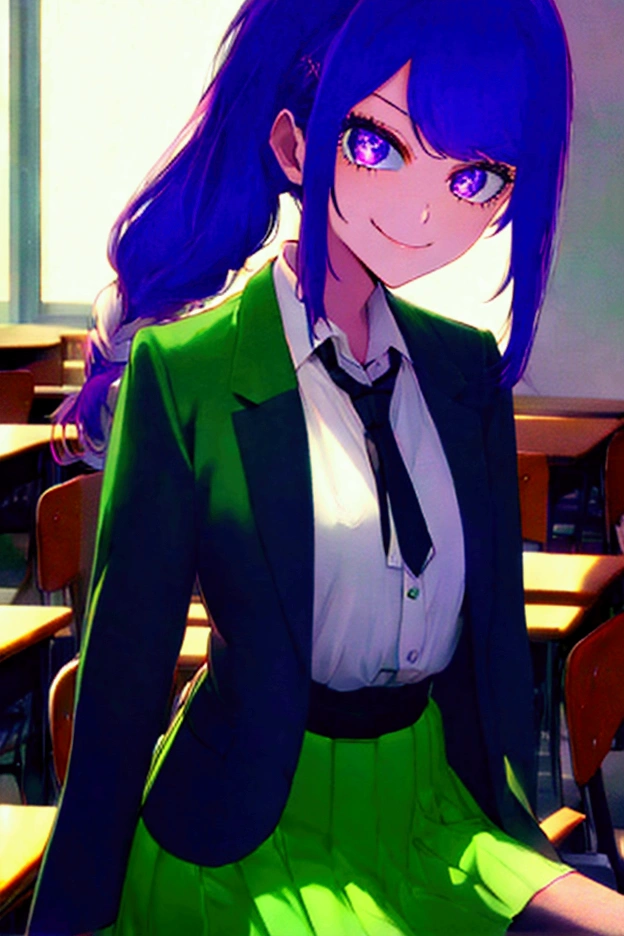 Masterpiece artwork、highy detailed、(1 girl in:1.2)、purple color  hair、green blazer、white cut shirt、a black skirt、eye large、um close、a smirk、8k 、Ai Hoshino、‎Classroom