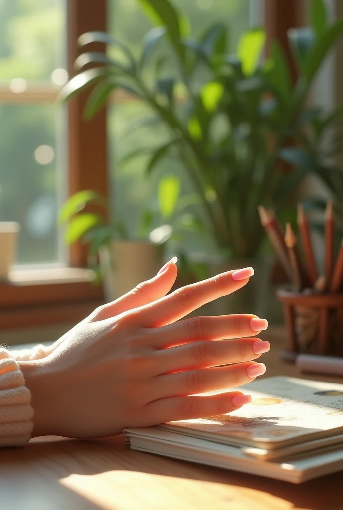 The fingernails of a Japanese girl with realistic tanned skin