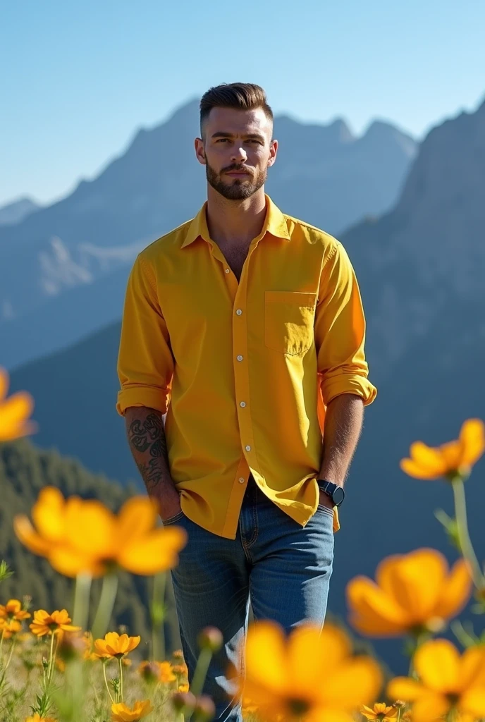 Handsome man crew cut hair, wearing yellow shirt and jeans, standing on a hill, yellow cosmos, mountains on the background, blue sky in the morning