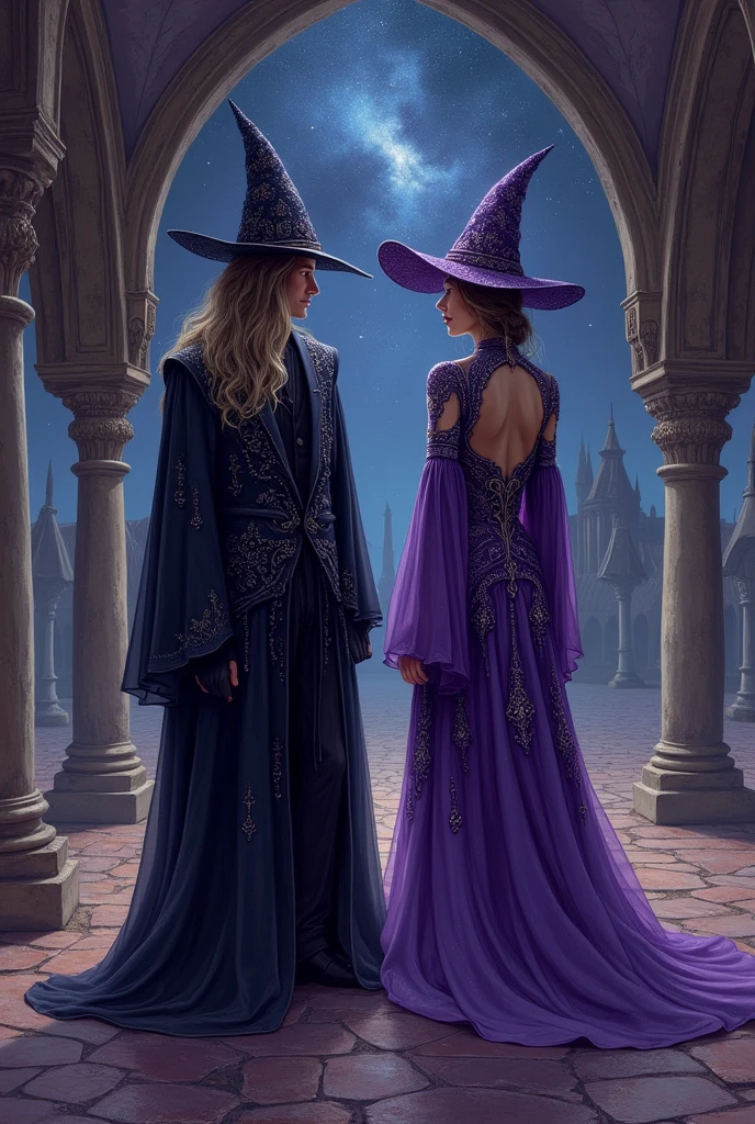 Illustration of unisex black and purple formal social clothing with various arabesques, Flowing fabrics for wizards, Fantasy Theme
