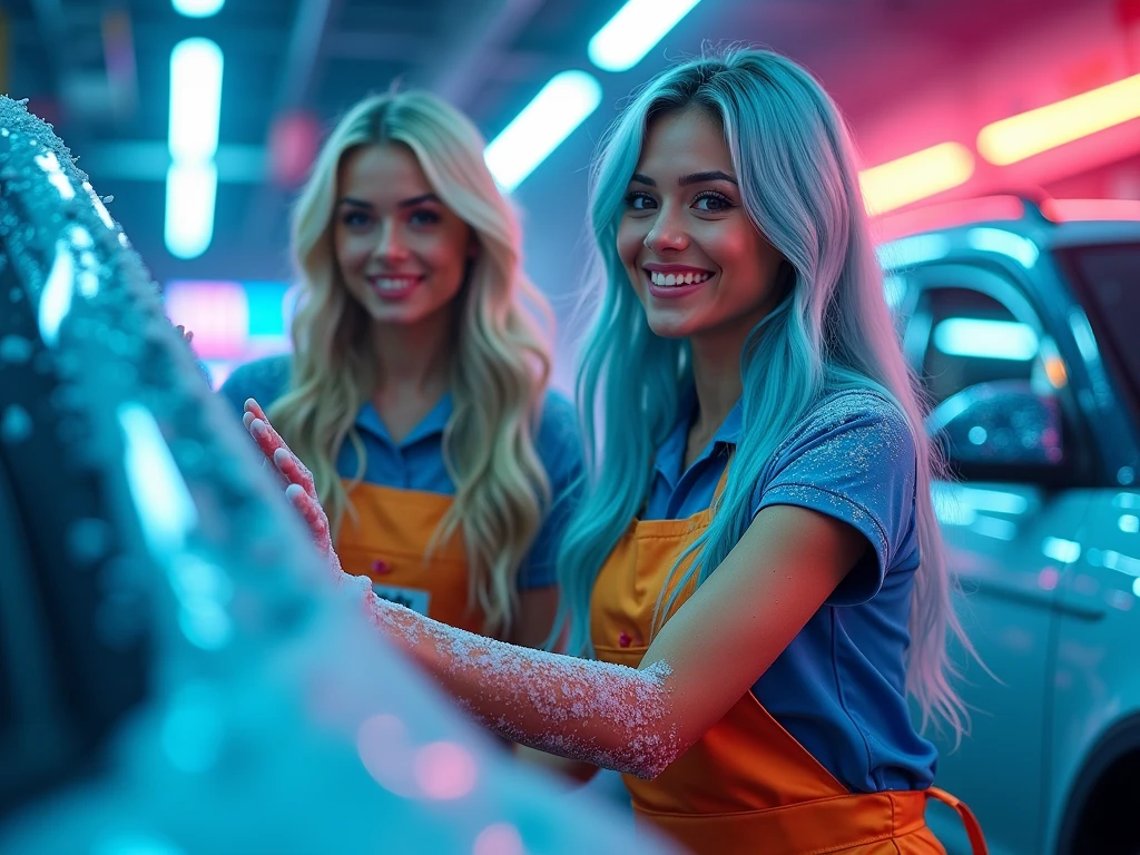 Smiling A beautiful biracial latina woman long light blue hair, light blue eyes large breast with a beautiful white woman long blond wavy hair grey eyes large breast, work in car wash together, rub a car with foam and sponge, foam on her clothes, Résolution Haute, Vues Multiples, Neon Car wash behind