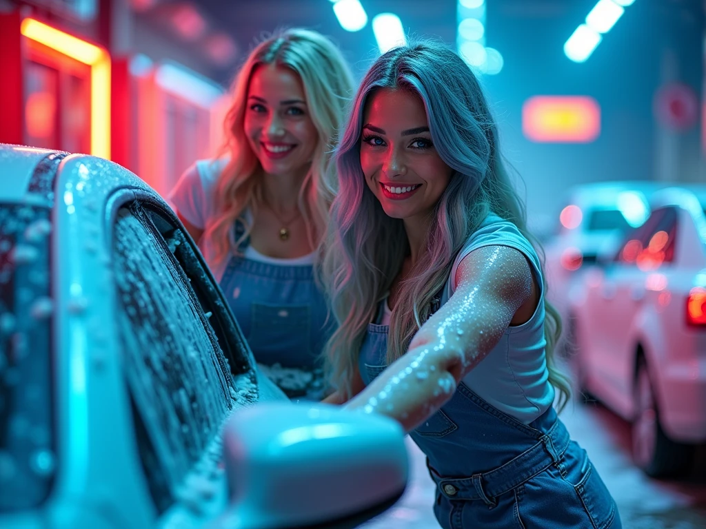 Smiling A beautiful biracial latina woman long light blue hair, light blue eyes large breast with a beautiful white woman long blond wavy hair grey eyes large breast, work in car wash together, rub a car with foam and sponge, foam on her clothes, Résolution Haute, Vues Multiples, Neon Car wash behind