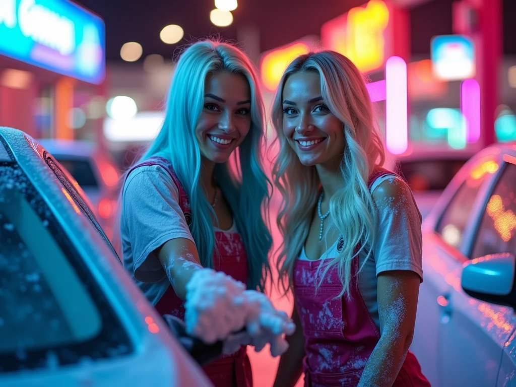 Smiling A beautiful biracial latina woman long light blue hair, light blue eyes large breast with a beautiful white woman long blond wavy hair grey eyes large breast, work in car wash together, rub a car with foam and sponge, foam on her clothes, Résolution Haute, Vues Multiples, Neon Car wash behind 