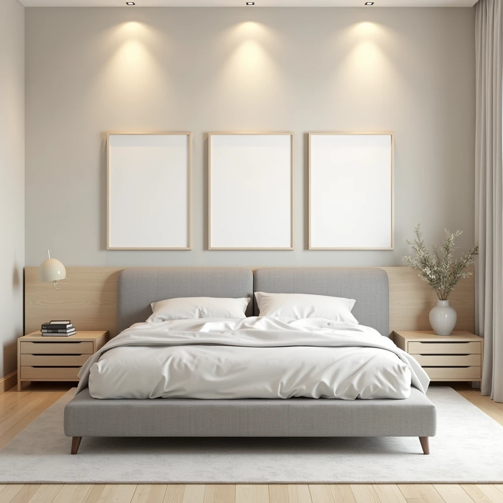 A minimalist bedroom scene featuring a sleek, gray upholstered bed with a light wooden headboard. Above the headboard, three framed blank white canvases in A4 aspect ratio are evenly spaced on a soft beige wall. The wall is softly illuminated by subtle, gentle spotlights, casting a delicate glow. A light-colored wooden floor and a neutral-toned rug complete the cozy and serene atmosphere of the room
