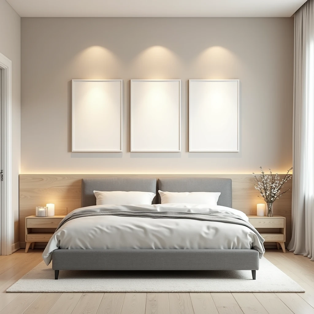 A minimalist bedroom scene featuring a sleek, gray upholstered bed with a light wooden headboard. Above the headboard, three framed blank white canvases in A4 aspect ratio are evenly spaced on a soft beige wall. The wall is softly illuminated by subtle, gentle spotlights, casting a delicate glow. A light-colored wooden floor and a neutral-toned rug complete the cozy and serene atmosphere of the room