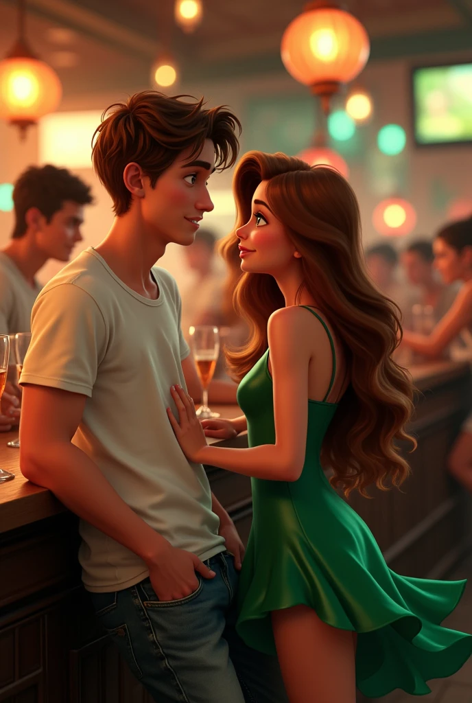 A young man with white t-shirt and jeans , brown hair and green eyes talking to a gorgeous girl with brown hair and green eyes wearing a green short dress in a bar , pixar style, cinematic, masterpiece, high-aesthetic, realistic