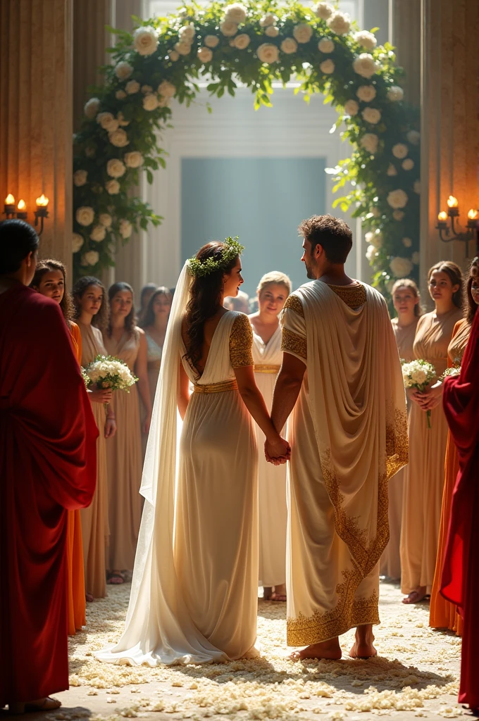 It depicts a Roman ceremony with the bride and groom, the priest, and the bridesmaid in their attire. 