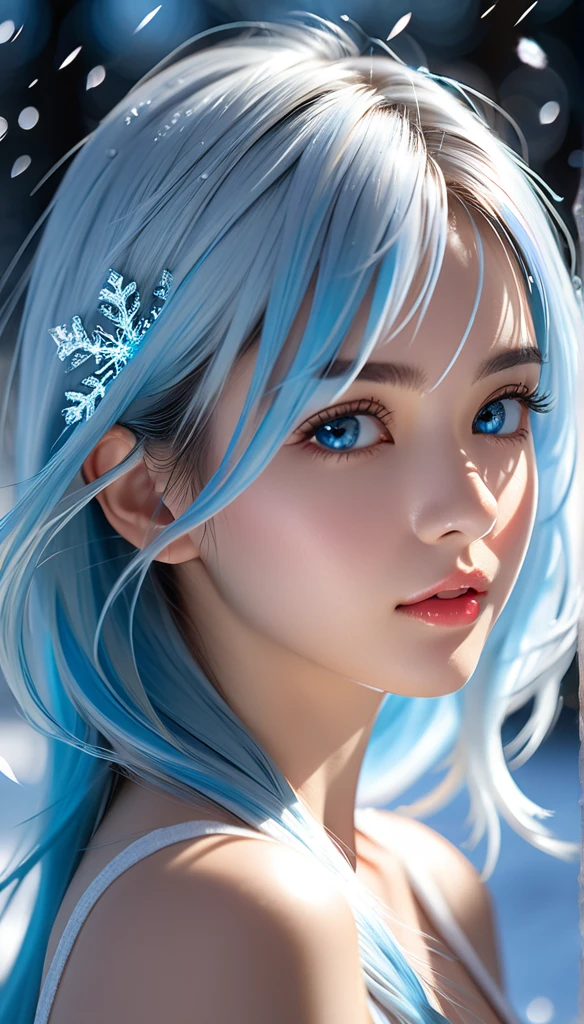 beautiful, young woman, in the crystal and ice area, fluttering ice, snowing, streaked hair, sliver hair, sky blue hair, long hair, blue eyes, eye reflection, disdain, ray tracing, reflection light, blurry, glowing light, shallow depth of field, chiaroscuro, stereogram, zoom layer, , bokeh, masterpiece, best quality, high quality, HD