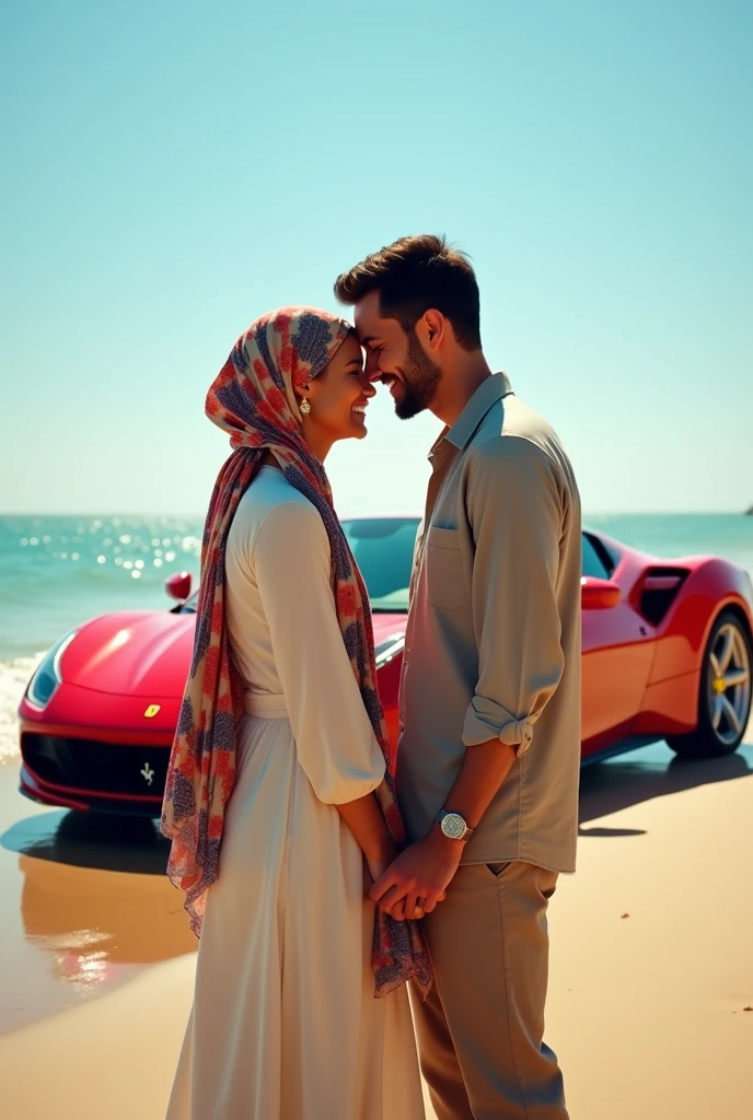 An Arab man with his mom next to him kissing his forehead. His mom is Arab with a headscarf next to them, There's a Ferrari right on the beach