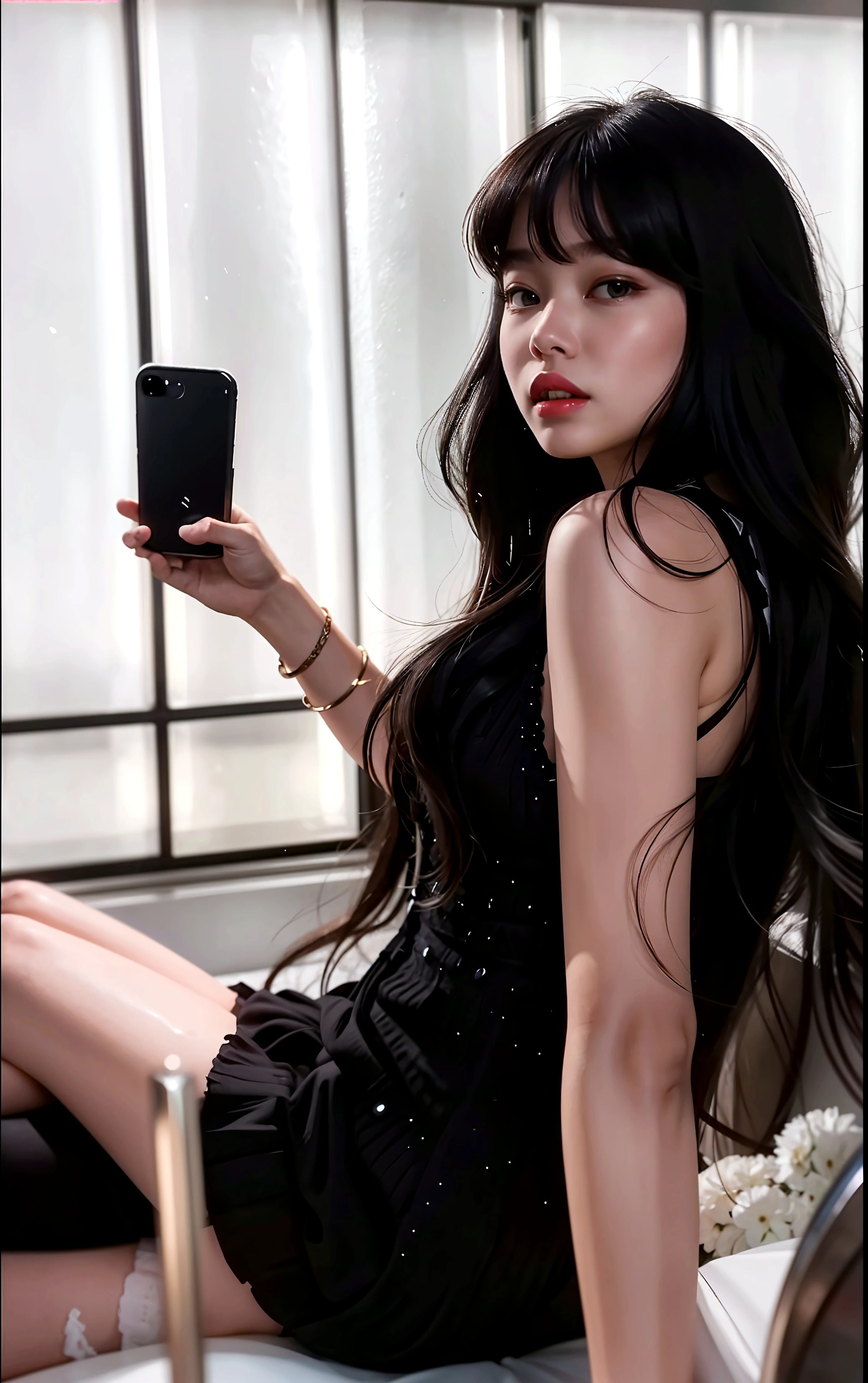 araffed woman with long black hair and red nails taking a selfie, cruel korean goth girl, goth girl aesthetic, popular south korean makeup, ulzzang, she has black hair with bangs, goth aesthetic, black wavy hair with bangs, long claws, hair blackbangs hair, long black hair with bangs, popular korean makeup, with index finger, with fingers