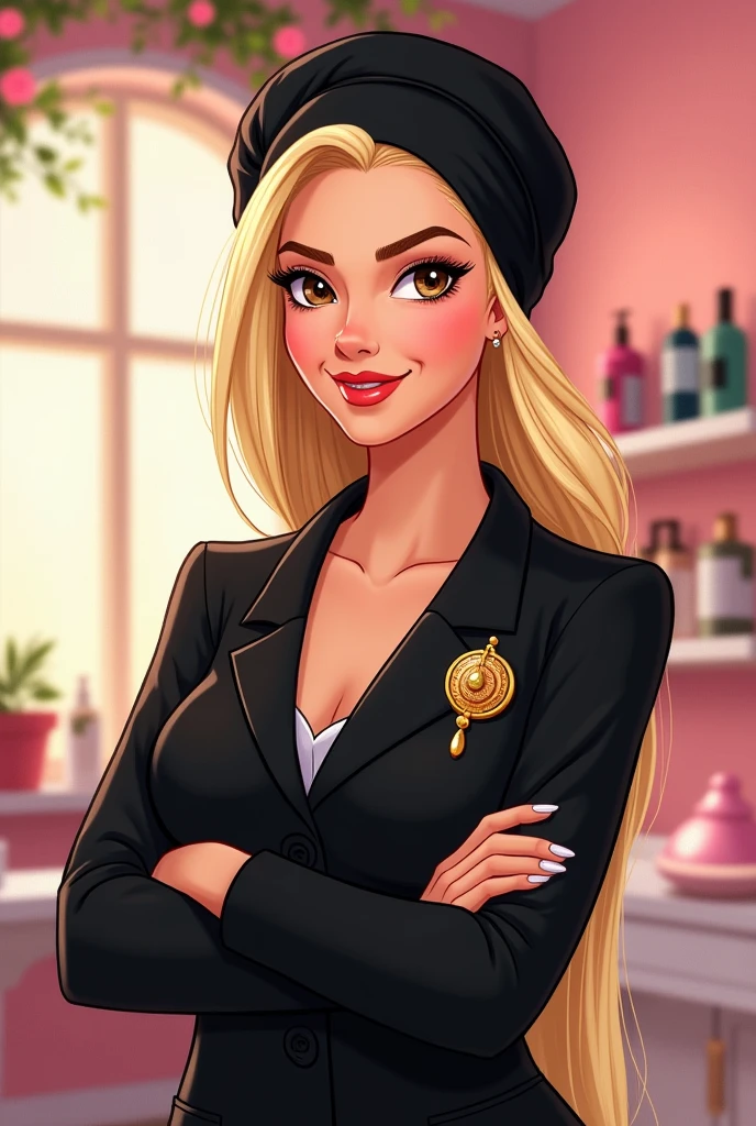 A beauty professional wearing a black lab coat with a golden brooch and a black turban., extremely straight blonde hair, mature, curvy woman, com rosto redondo, to do in Disney style drawing. Crossed arms
