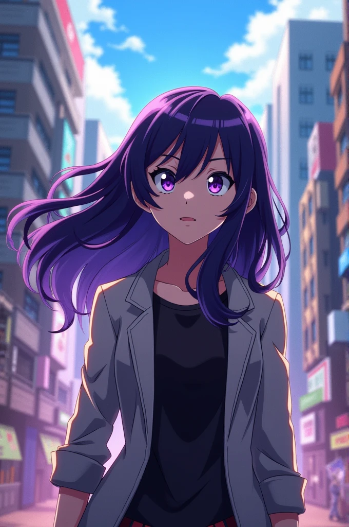 Screenshot of My Hero Academia. A girl with dark purple hair almost gray, that she has light purple eyes