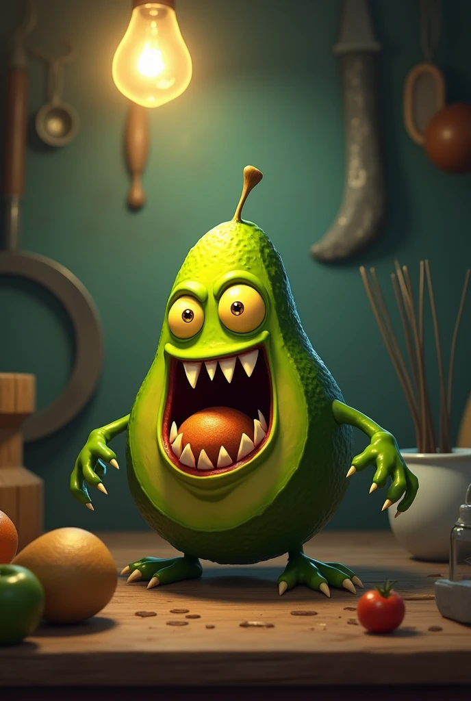 Turn an avocado into a 2D animated character with monster features, give it a scary or peculiar look by adding details like fangs., claws, eyes
large, etc.