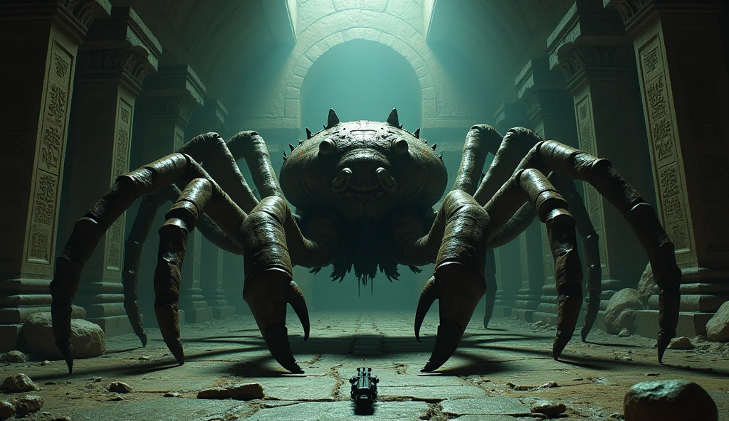 A Lovecraftian colossal god, half crab, half spider, in a dark temple, Very scary. A tiny machine gun on the ground makes the god look even more gigantic.