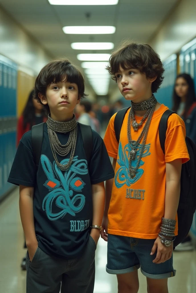boy with unusually tight BDSM collar, BDSM bracelet and an unusually very erotic girl's clothing is in school and is surprised by his brother who is wearing the same as him